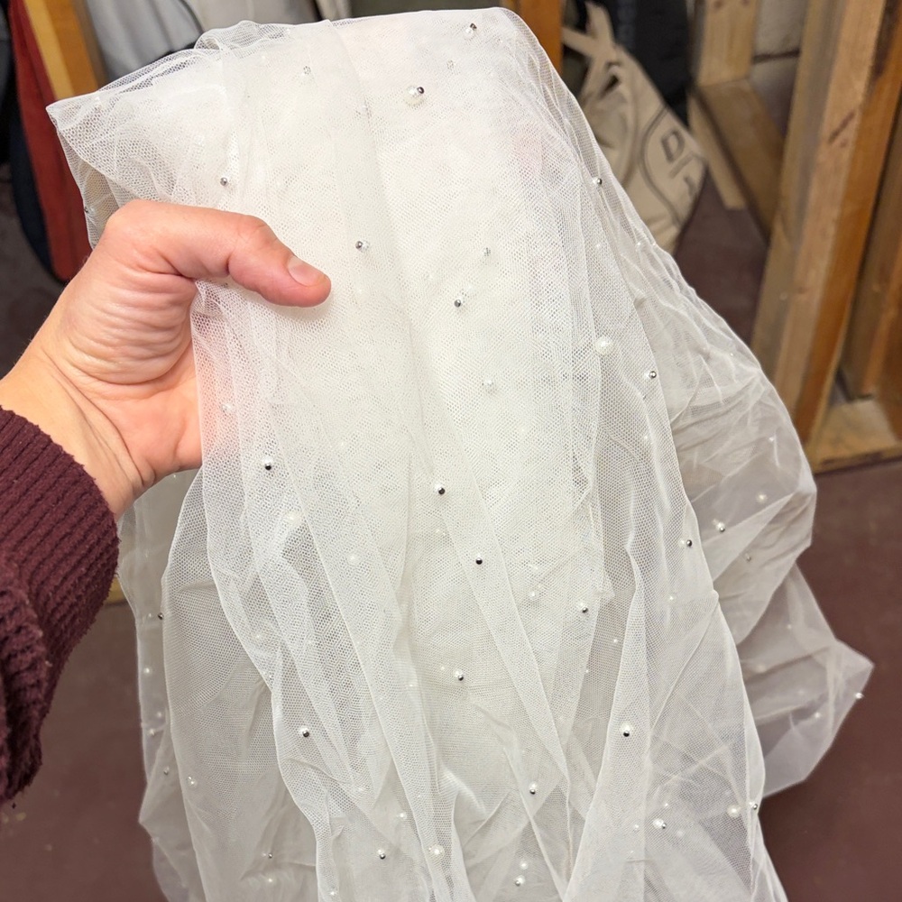 Elegant White Tulle Fabric with Pearls